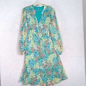 Lush Floral Long Sleeve Teal, Yellow & Pink Midi Dress